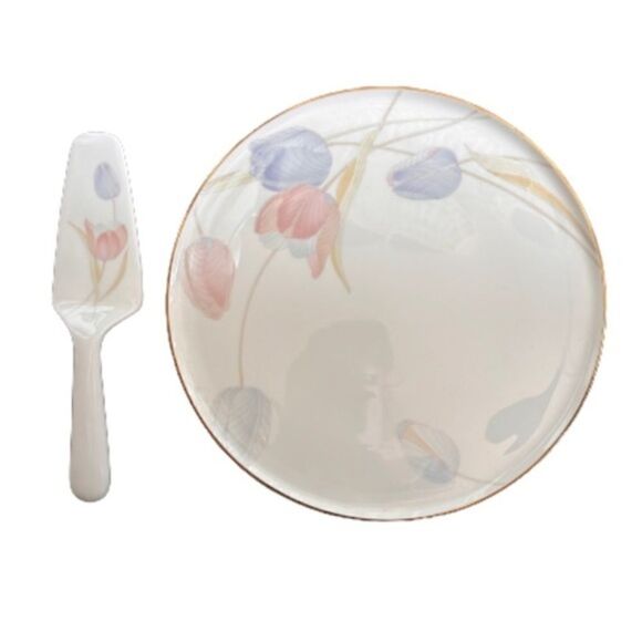 Vintage Mikasa Cake Plate & Serving Knife. Swiss Garden, Bone China - Picture 1 of 4